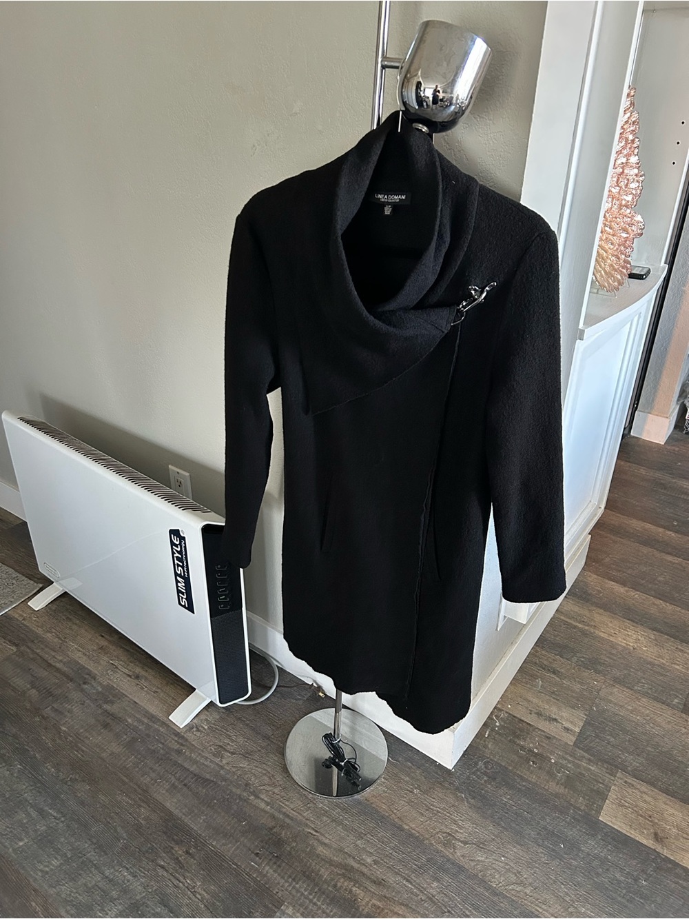 Black Wool Asymmetric Cowl-Neck Cape jacket with Pin Detail